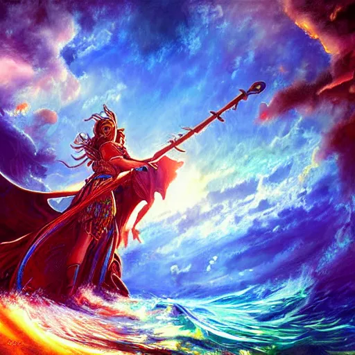 Prompt: warrior sea goddess full frame, beautiful composition, wide angle, colorful, cinematic, volumetric lighting, intricate details painting