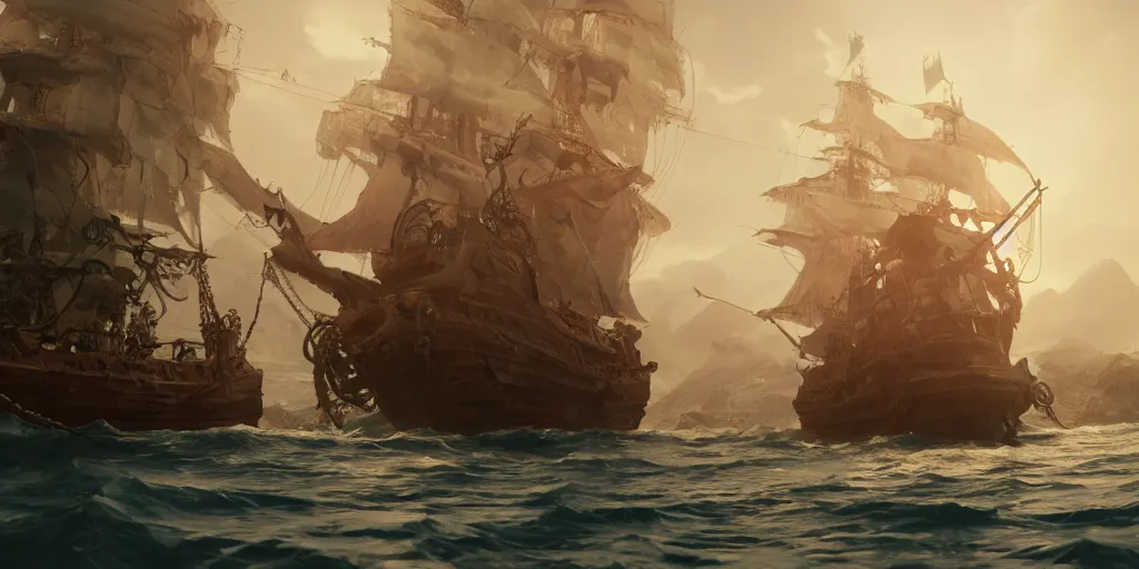 Image similar to a film still of pirate ship, medium shot, waist up, studio ghibli, pixar and disney animation, sharp, rendered in unreal engine 5, anime key art by greg rutkowski, bloom, dramatic lighting