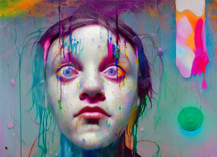 Prompt: nervous young girl jester focusing by beeple and hernan bas and francis bacon and pat steir and hilma af klint, psychological, photorealistic, symmetrical face, dripping paint, washy brush, rendered in octane, altermodern, masterpiece