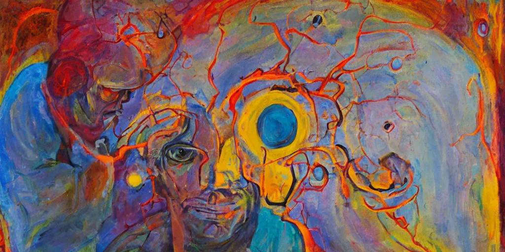 Prompt: interdimensional abstract painting of a man removing a nail from his third eye