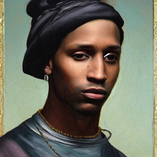 Image similar to a renaissance style portrait painting of asap rocky