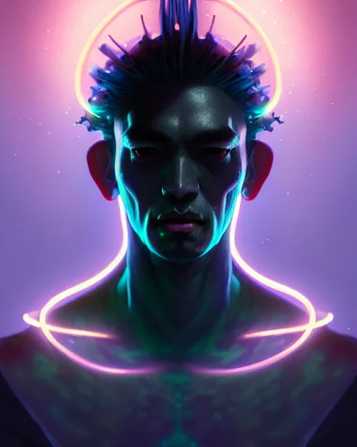 Image similar to portrait, bioluminescent male creature, japanese gothic, concept art, expressive, highly detailed, digital painting, cinematic lighting, hyperrealism, dark retrowave, art by stanley lau and artgerm and magali villeneuve and alphonse mucha, artstation, octane render, cgsociety