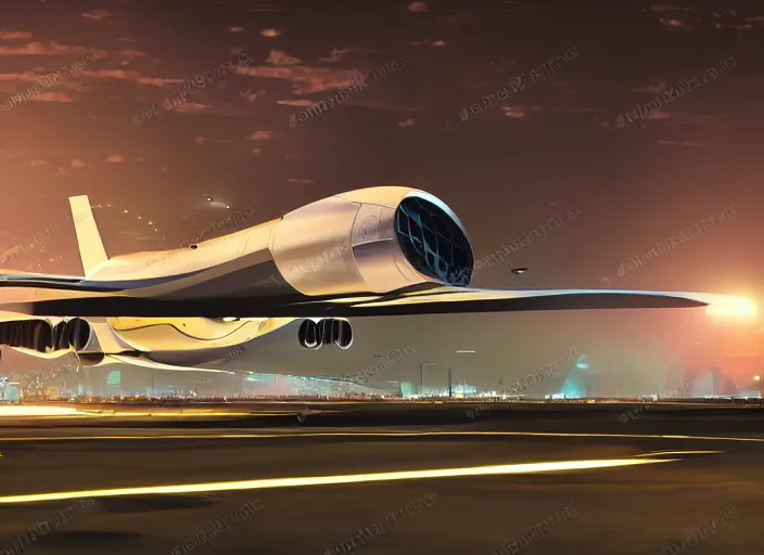 Image similar to futuristic sci fi jet plane arrives at runway of cyberpunk airport at night ,cinematic lighting, realistic photo , concept art