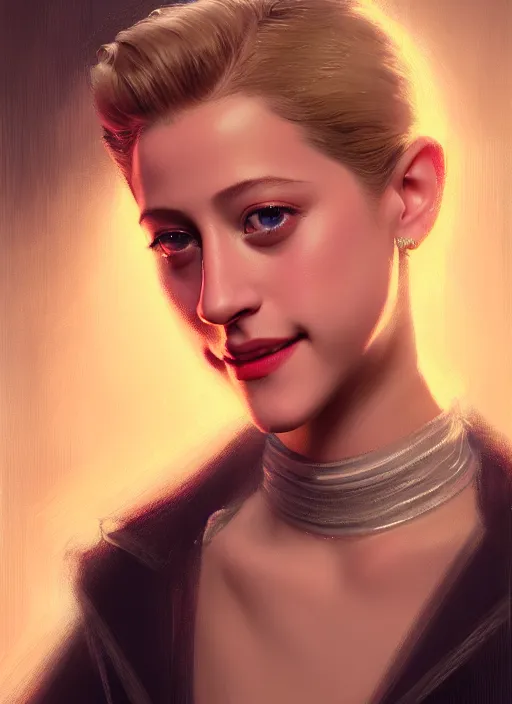 Image similar to portrait of lili reinhart, smiling kindly, bangs, 1 9 6 0 s, ponytail, bangs and ponytail, intricate, elegant, glowing lights, highly detailed, digital painting, artstation, concept art, smooth, sharp focus, illustration, art by wlop, mars ravelo and greg rutkowski