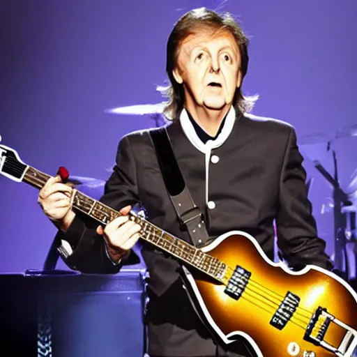 Prompt: Paul McCartney playing a guitar shaped like a beetle, 8k, high definition, highly detailed, photorealistic