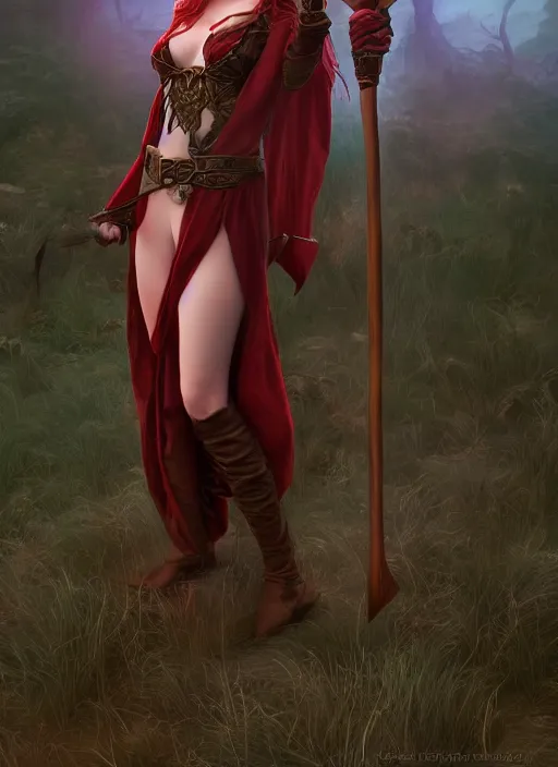 Image similar to photography of beautiful elf witch red hair, holding a magic staff, d & d fantasy character, detailed matte painting, studio lighting, octane render, larry elmore michael whelan artstation