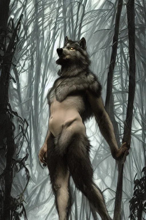 Prompt: full figure beautiful young fit antrophomorphic male wolf, bared teeth and long claws, frozen scene, by greg rutkowski and alphonse mucha, d & d character, gradient black to silver, in a forest at night, highly detailed portrait, digital painting, artstation, concept art, smooth, sharp focus illustration, artstation hq