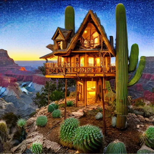 Image similar to fancy treehouse mansion built in a giant cactus on top of plateau with amazing view of sunrise over the grand canyon detailed luminescent oil painting 4 k