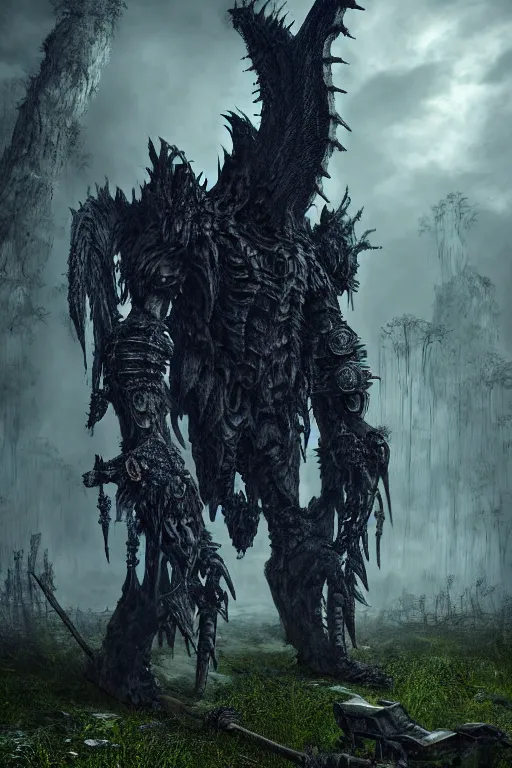 Image similar to post - gothic giant creepy chimera, exoskeleton armor, attacking with axe, dystopian ruins covered in vegetation, highly detailed smooth digital art masterpiece, vitaly bulgarov giger dramatic dark blue light, ground angle hd 8 k, sharp focus