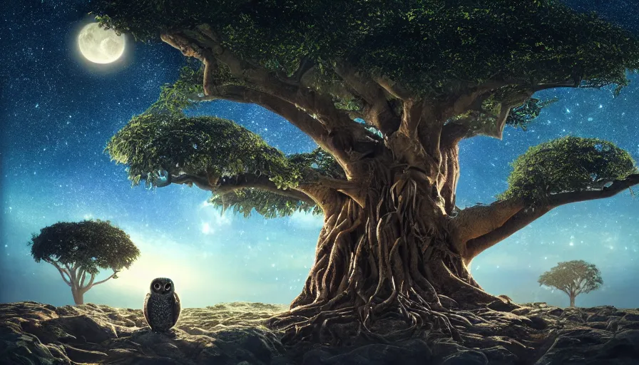 Image similar to very very small owl, sitting on a gigantic banyan tree in moonlit socotra island by ilya kuvshinov, starry night, rtx rendering, octane render 1 2 8 k, maya, extreme high intricate details by tom bagshaw, medium shot, close up shot, composition by sana takeda, lighting by greg rutkowski