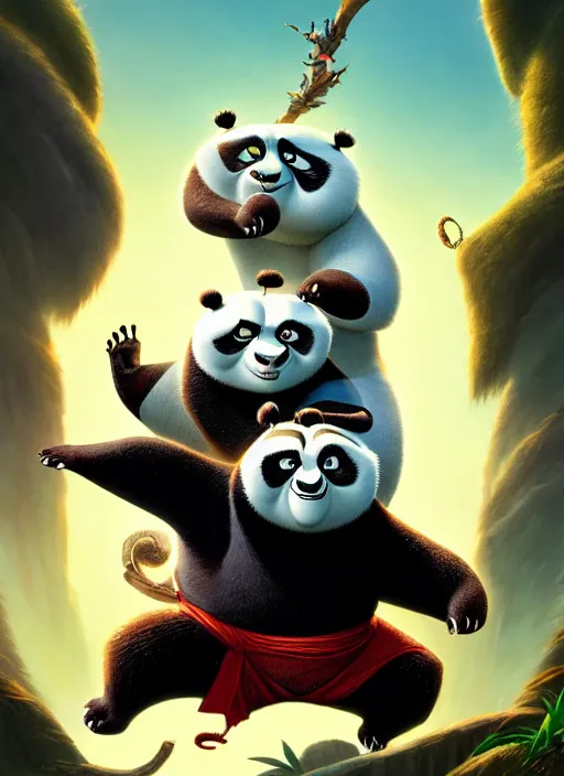 Image similar to Highly detailed Kung Fu Panda, Stephen Bliss, unreal engine, fantasy art by Greg Rutkowski, Loish, Rhads, ferdinand knab, Makoto Shinkai and Lois van baarle, ilya kuvshinov, rossdraws, Tom Bagshaw, global illumination, radiant light, detailed and intricate environment