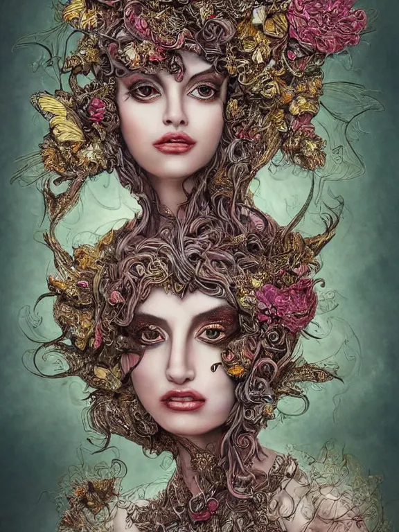 Prompt: a beautiful portrait render of a young lady monster who veiled rococo dramatic headdress with intricate fractals of butterflies ,tassels made of flower, by Daveed Benito and Billelis and aaron horkey and peter gric,trending on pinterest,rococo,hyperreal,jewelry,gold,ruby,feminine,intricate,maximalist,luxury,mythological,sacred,religious,ultra realistic,high detail,concept art,golden ratio,cinematic lighting