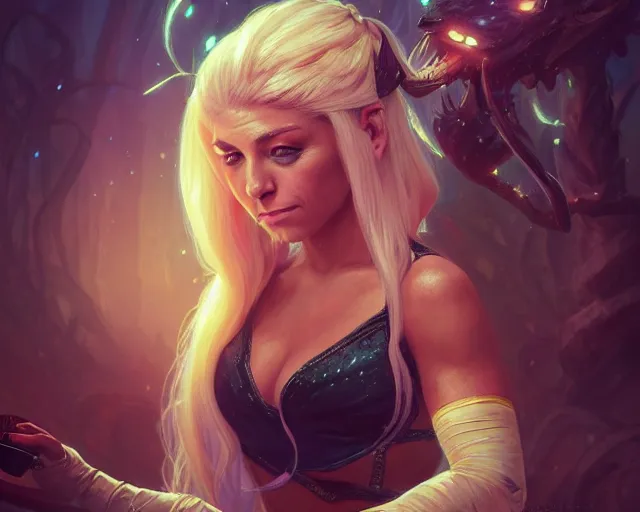 Image similar to photography of alexa bliss, deep focus, d & d, fantasy, intricate, elegant, highly detailed, digital painting, artstation, concept art, matte, sharp focus, illustration, hearthstone, art by artgerm and greg rutkowski and alphonse mucha