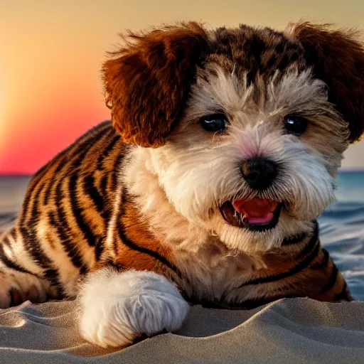 Image similar to a closeup photorealistic photograph of a cute smiling tiger bichon puppy laying out at the beach during sunset. professional capture, well lit shot. this 4 k hd image is trending on artstation, featured on behance, well - rendered, extra crisp, features intricate detail, epic composition and the style of unreal engine.