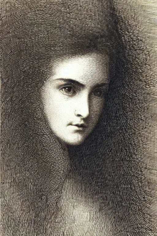 Image similar to extreme close-up portrait of a woman, face covered by hair, forest background, Gustave Dore lithography