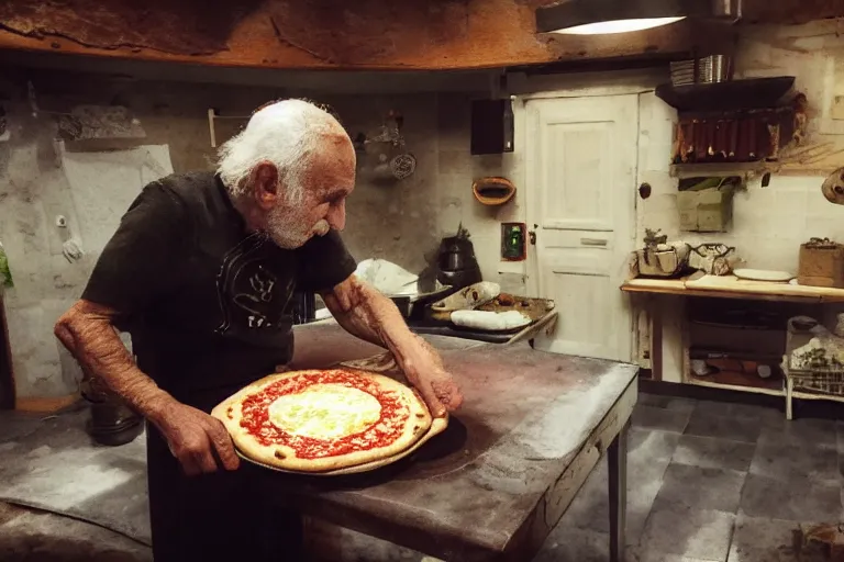 Image similar to an old italian man making pizza in skyrim, fisheye lens