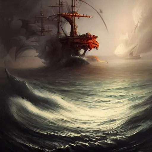 Prompt: A kraken-sea-monster emerging from the stormy ocean depths attacking a 17th century Ship-of-the-line, atmospheric, dramatic, concept art by Peter Mohrbacher