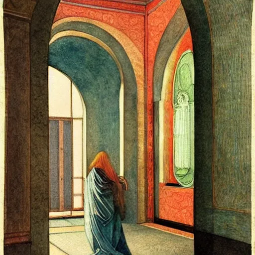 Image similar to a goddess in a liminal room, watercolor by leon battista alberti, limited color palette, very intricate, art nouveau, highly detailed, lights by hopper, soft pastel colors, minimalist