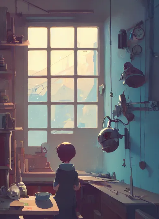 Image similar to seen through a window, woodworker shop, detailed, cory loftis, james gilleard, atey ghailan, makoto shinkai, goro fujita, studio ghibli, rim light, exquisite lighting, clear focus, very coherent, plain background, soft painting