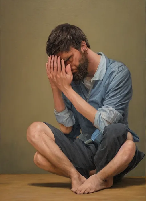 Image similar to insanely detailed portrait of a sleepy - looking programmer guy on his knees in front of his glowing ultrawide monitor begging for forgiveness, oil on canvas, masterwork, fine detail, trending on artstation, emotive, insanely compelling, ryden, koons, moebius