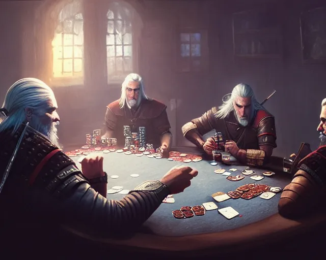 Image similar to 5 5 mm portrait photo of geralt playing poker. magical atmosphere. art by greg rutkowski. highly detailed 8 k. intricate. lifelike. soft light. nikon d 8 5 0.