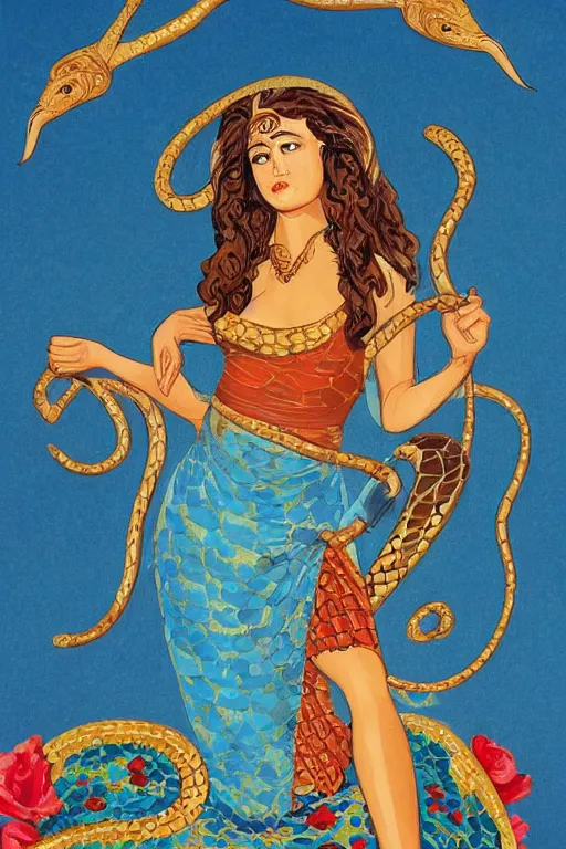 Image similar to Minoan snake goddess in the style of rosie the riviter yes we can poster, clean and detailed, and holding a snake