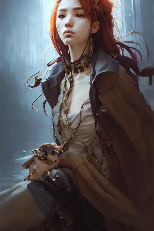 Image similar to A masterpiece portrait of one Incredibly beautiful queer style of Syberian post apocalyptic shaman girl . medium shot, intricate, elegant, highly detailed. trending on artstation, digital art, by Stanley Artgerm Lau, WLOP, Rossdraws, James Jean, Andrei Riabovitchev, Marc Simonetti, Yoshitaka Amano