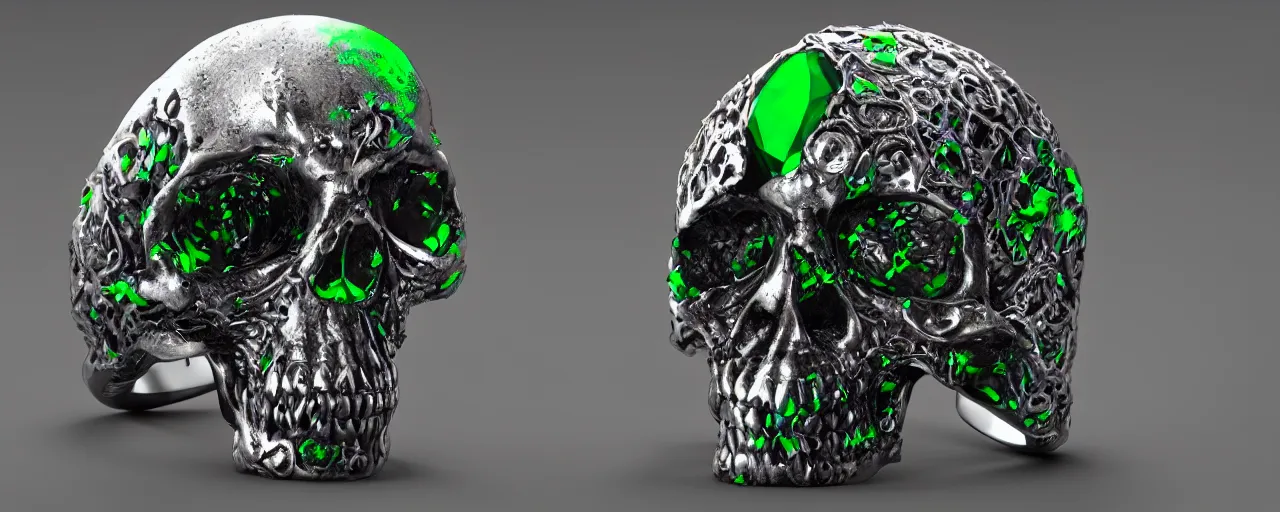 Image similar to simple magic ring of poison, ring, skull, green, black, smooth shank, crystals, engravings, product design, jewelry, colorful, art by gerald brom, greg rutkowski and artgerm, photo realism, unreal engine, c 4 d