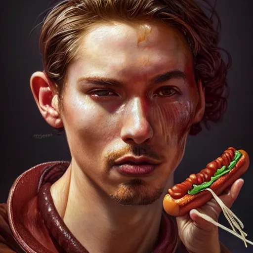 Image similar to portrait of a young rugged hot dog, extra onions and ketchup, luscious patty with sesame seeds, handsome, D&D, fantasy, intricate, elegant, highly detailed, digital painting, sweaty meat, artstation, concept art, matte, sharp focus, illustration, art by Artgerm and Greg Rutkowski and Alphonse Mucha