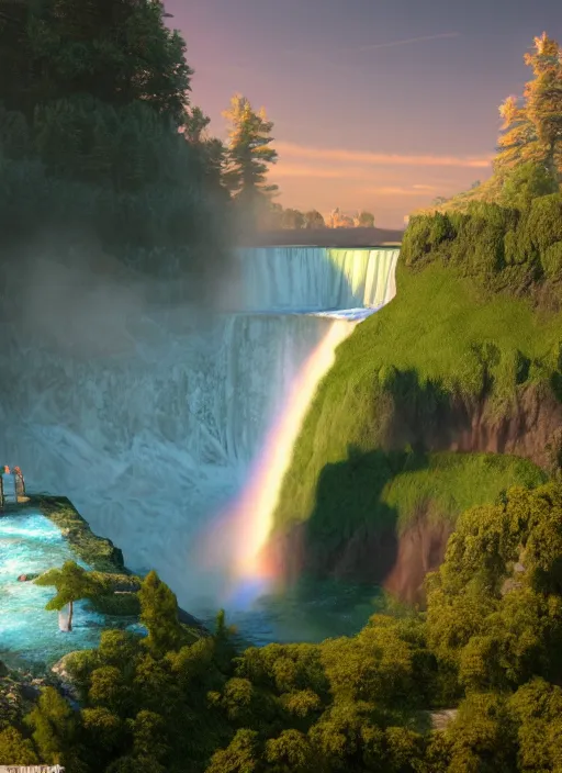 Prompt: cascade of niagara falls, epic mountains, dawn, fantasy illustration, matte painting, concept art, volumetric lighting, volumetric atmosphere, vivid colors, art by james gurney, unreal engine 5, 8 k