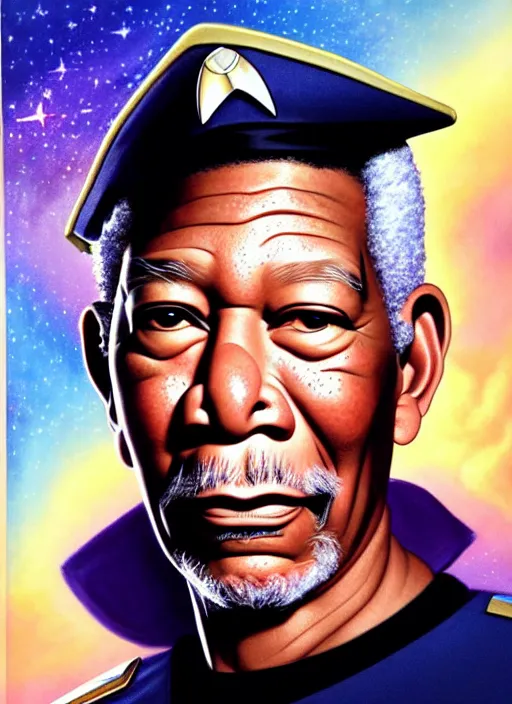 Image similar to cute star trek officer morgan freeman, natural lighting, path traced, highly detailed, high quality, digital painting, by don bluth and ross tran and studio ghibli and alphonse mucha, artgerm