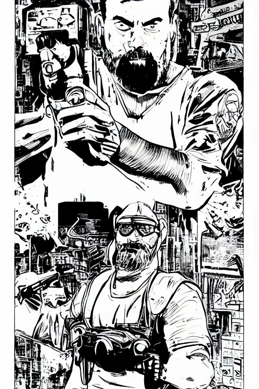 Image similar to billy mays action pose, a page from cyberpunk 2 0 2 0, style of paolo parente, style of mike jackson, adam smasher, johnny silverhand, 1 9 9 0 s comic book style, white background, ink drawing, black and white, colouring pages