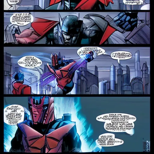 Prompt: magneto fighting optimus prime in a city