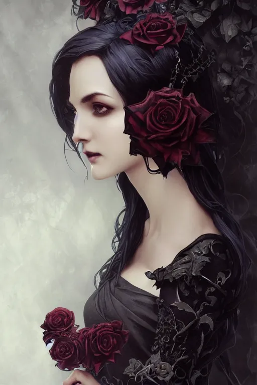 Image similar to beautiful gothic female with black roses surrounding her, Black Hair, intricate, elegant, highly detailed, digital painting, artstation, concept art, smooth, sharp, focus, illustration, art by artgerm and greg rutkowski and alphonse mucha and Ray Caesar and Benjamin Lacombe