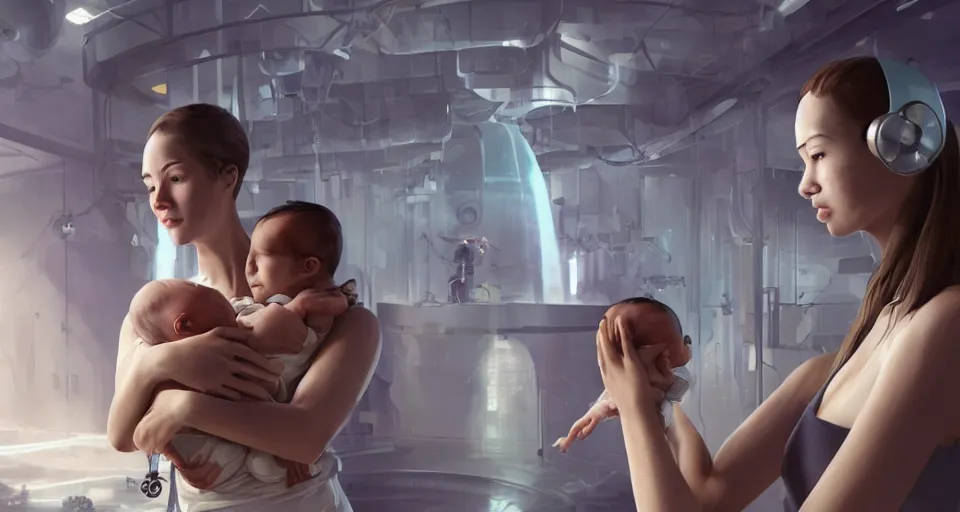 Image similar to a very very very very very very realistic still of a woman holding a newly born cyborg baby in a cyborg factory, rendered by beeple, by makoto shinkai, syd meade, starwars, space art concept, sci - fi, digital art, unreal engine, wlop, trending on artstation, 4 k uhd image, octane render