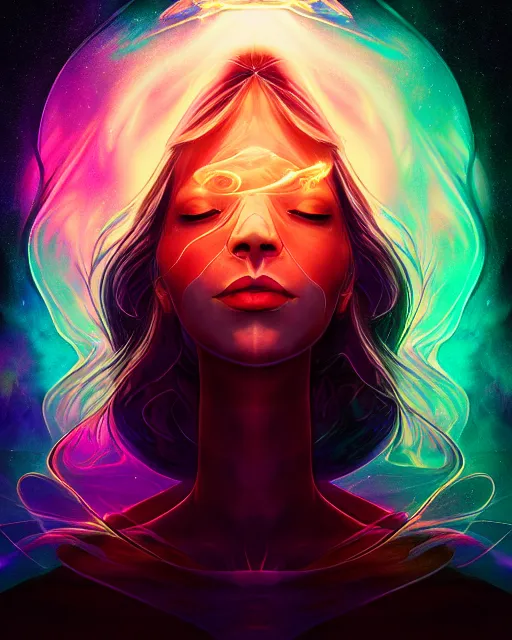 Prompt: draconic priestess of shadows, liquid smoke twisting, portrait, ethereal, nebula aura, artgerm, dan mumford, alena aenami, radiant halo of light