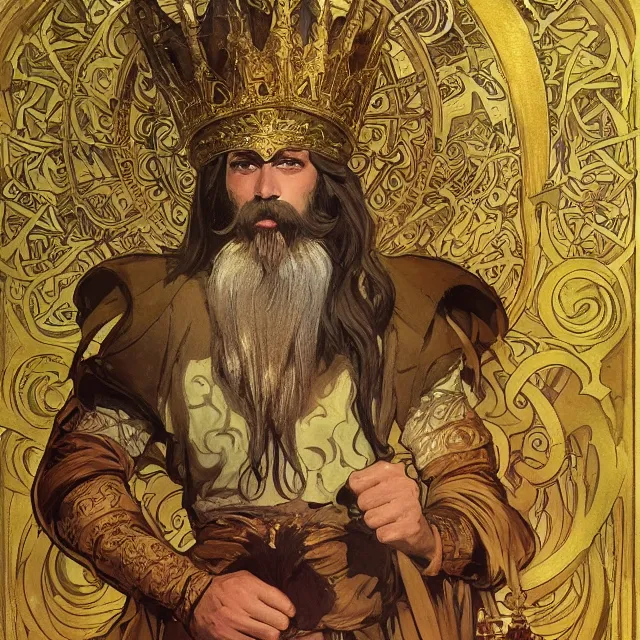 Image similar to an aesthetic! a detailed portrait of a man in a long beard, in golden armor, with a crown, holding a lantern with stacks of gold in the background, by frank frazetta and alphonse mucha, oil on canvas, art nouveau dungeons and dragons fantasy art, hd, god rays, ray tracing, crisp contour lines, huhd