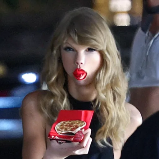 Prompt: paparazzi photo catches Taylor Swift eating an entire pizza by herself