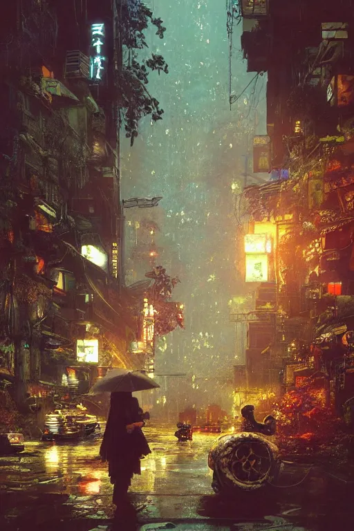 Prompt: vintage autochrome photo of ancient overgrown cyberpunk tokyo with robot by craig mullins, rutkowski, hiroshi yoshida, night, rain, flowers, beautifully lit, hyperdetailed, unreal engine, 3 d rendered, photorealistic, artstation, cgsociety