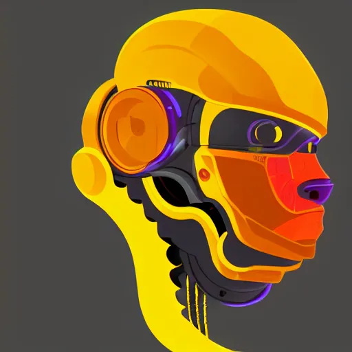 Image similar to helmet lion cyberpunk made of yellow lava and fire in angga tantama and wahyudi ramadhani style, profile portrait, robotic, digital illustration, vector art, drawing