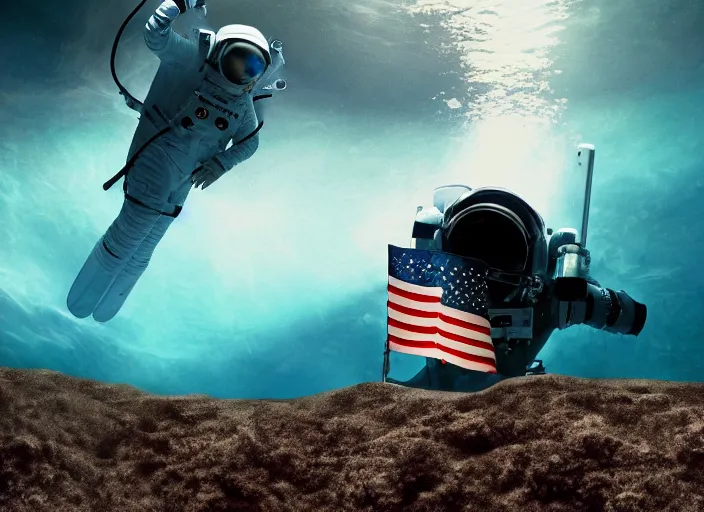 Image similar to astronaut underwater putting a flag in the sand of the bottom of the ocean. there is a submarine in the distance. dark, concept art, cinematic, dramatic, atmospheric, 8 k, trending on artstation, low visibility, fog, zack snyder