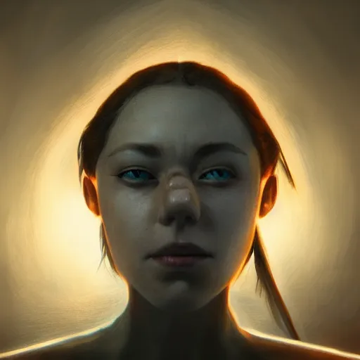 Image similar to shameless woman whis impudent facial expression, shadow of the cross, atmosphere, trending on artstation, highly detailed, digital painting, volumetric light, concept art, sharp focus, illustration