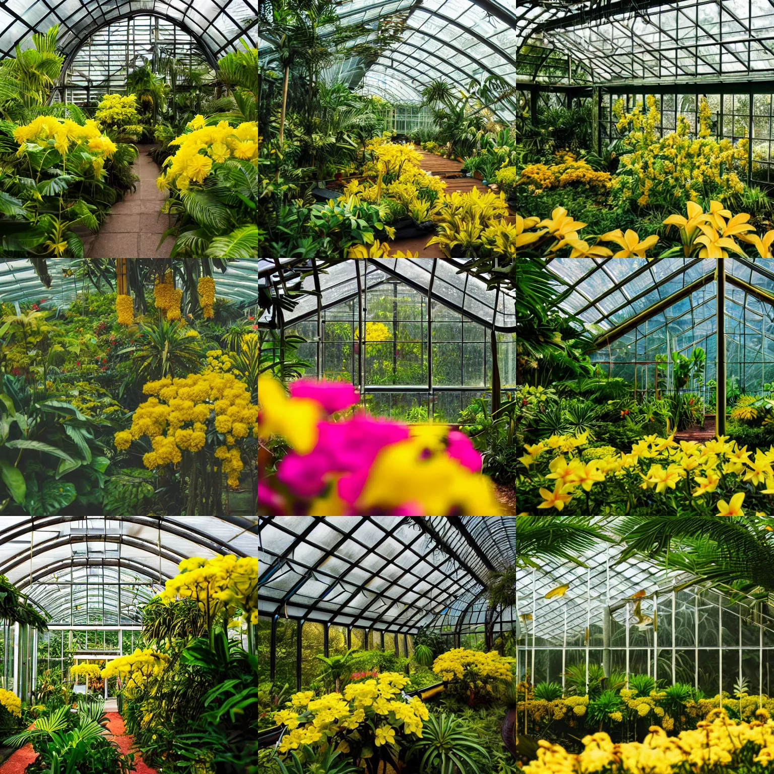 Prompt: a tropical greenhouse with yellow flowers, cinematic colors, bokeh