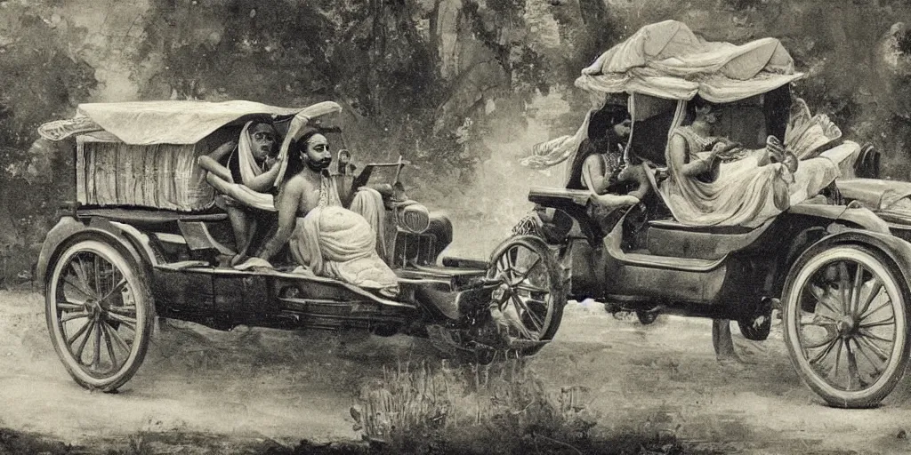 Prompt: man driving a car in the style of raja ravi varma, ultra detailed, high detail, realism,