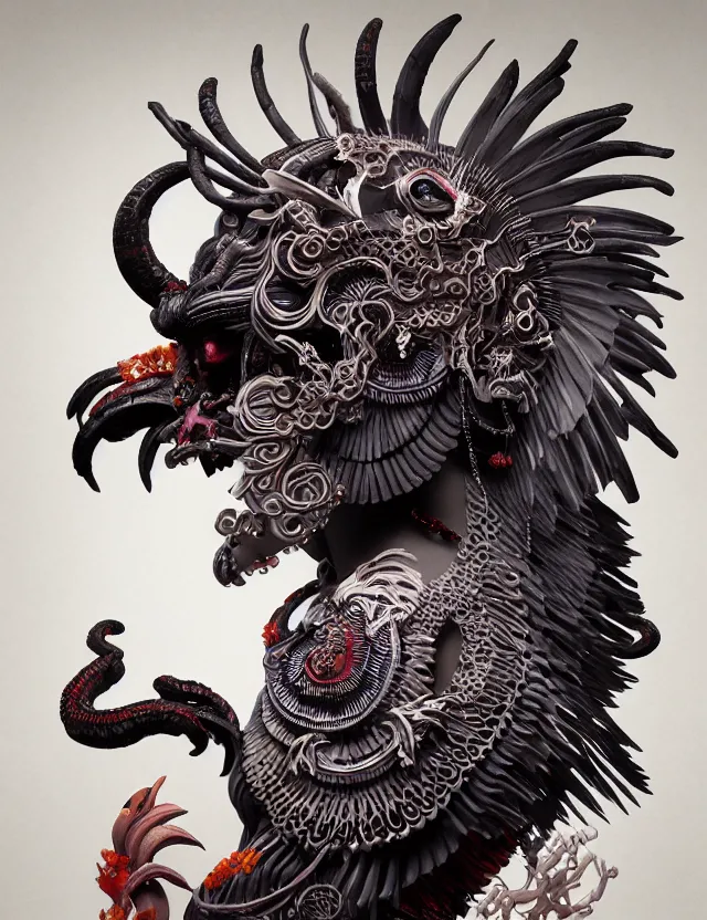 Image similar to 3 d goddess of hell close - up profile portrait with ram skull. beautiful intricately detailed japanese crow kitsune mask and clasical japanese kimono. betta fish, jellyfish phoenix, bio luminescent, plasma, ice, water, wind, creature, artwork by tooth wu and wlop and beeple and greg rutkowski