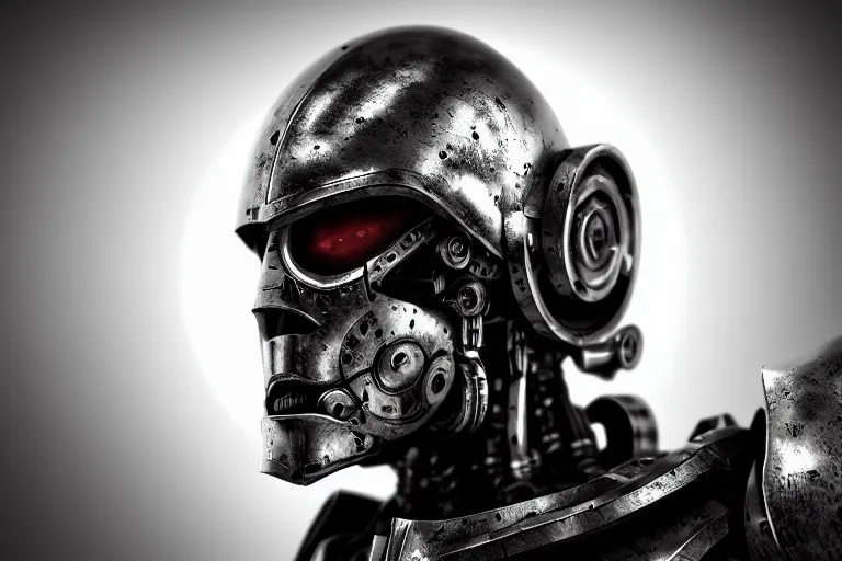 Image similar to still photo of a iron age war cyborg looking at the camera in a battlefield, black and white color aesthetic, highly detailed, photorealistic portrait, bright studio setting, studio lighting, crisp quality and light reflections, unreal engine 5 quality render
