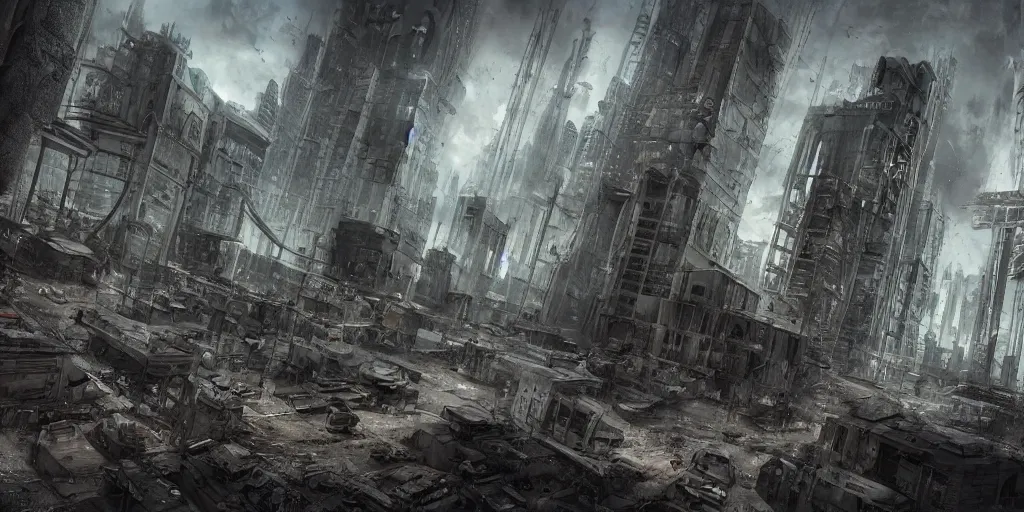 Image similar to upside down post-apocalyptic city, sci-fi, cinematic