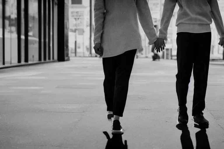 Image similar to still photo of two japanese couple holding hands on the street, black and white color aesthetic, highly detailed, photorealistic portrait, bright studio setting, studio lighting, crisp quality and light reflections, unreal engine 5 quality render