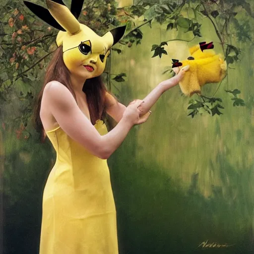 Image similar to elegant woman dressed up as pikachu, art photo by Annie Liebovitz and Alphonse Mucha, glossy, sharp, clean, old fashion