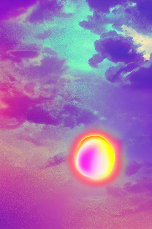 Image similar to geometric 3 d render, soft bright pastel, rainbow fireball in the middle, mountains surrounding, rule of thirds